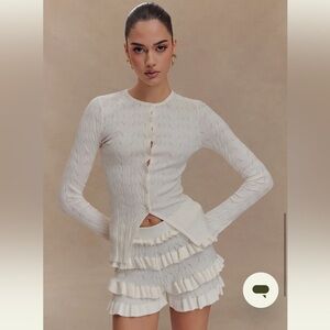 Meshki Amy Pointelle Bell Sleeve Cardigan and Knit Frill Bloomers Set S Ivory